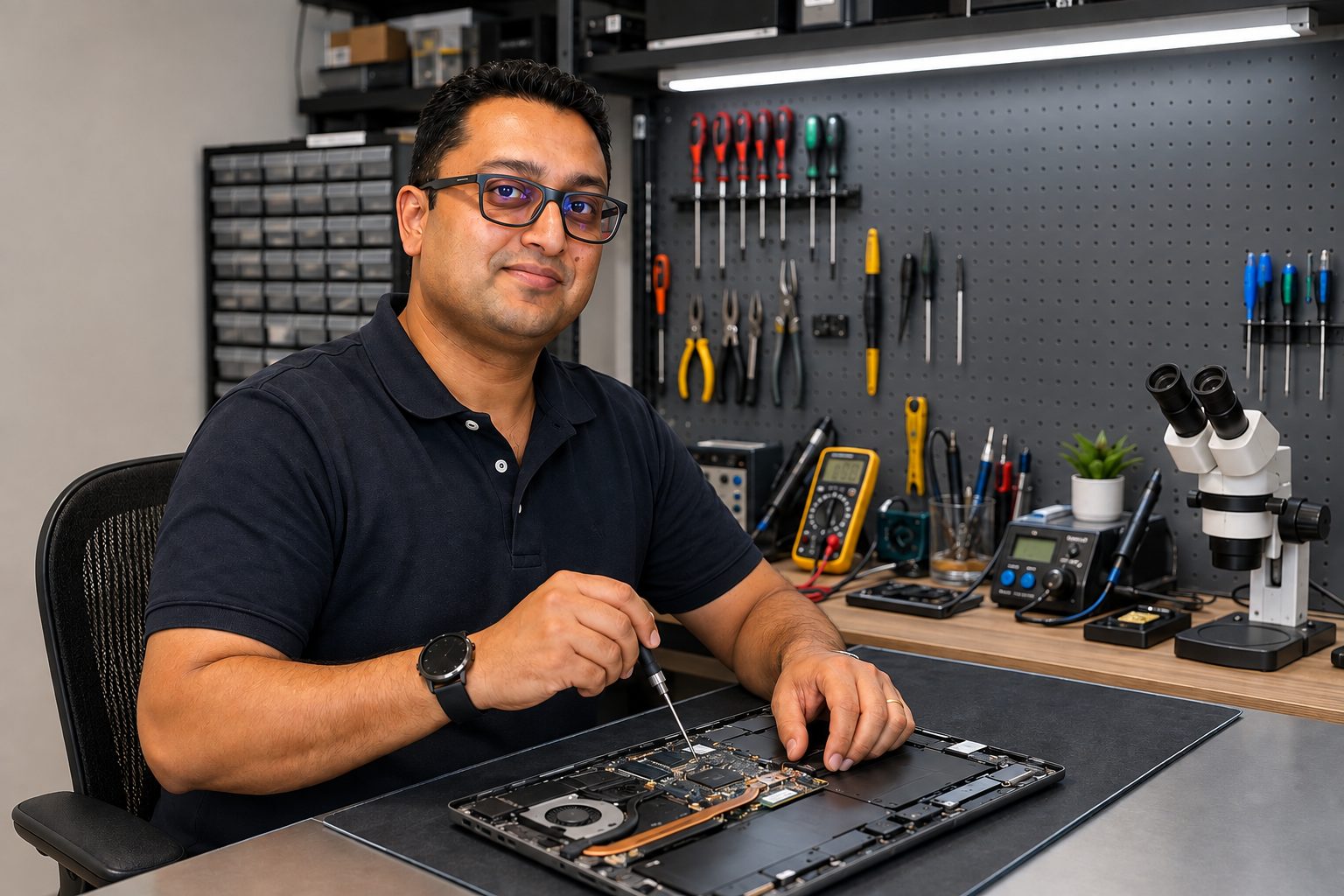 Computer Guy Ltd technician repairing a laptop motherboard